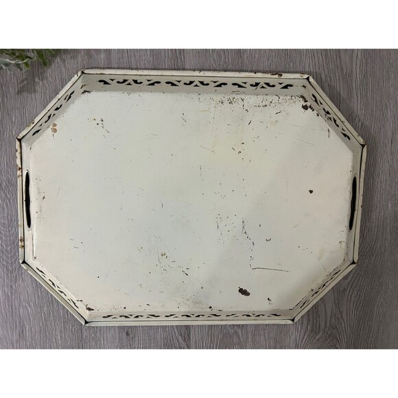 Vintage Tole Ware Tray Tan Gold Hand Painted Metal Cottagecore MCM 18” - Picture 6 of 10